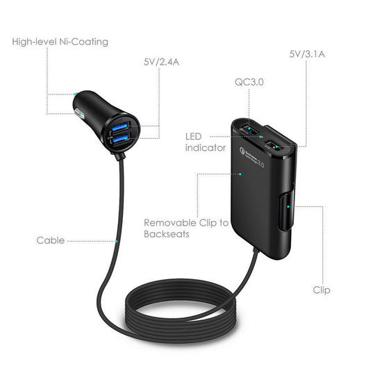 4 USB Charger Compatible With Back Seat Car Charging